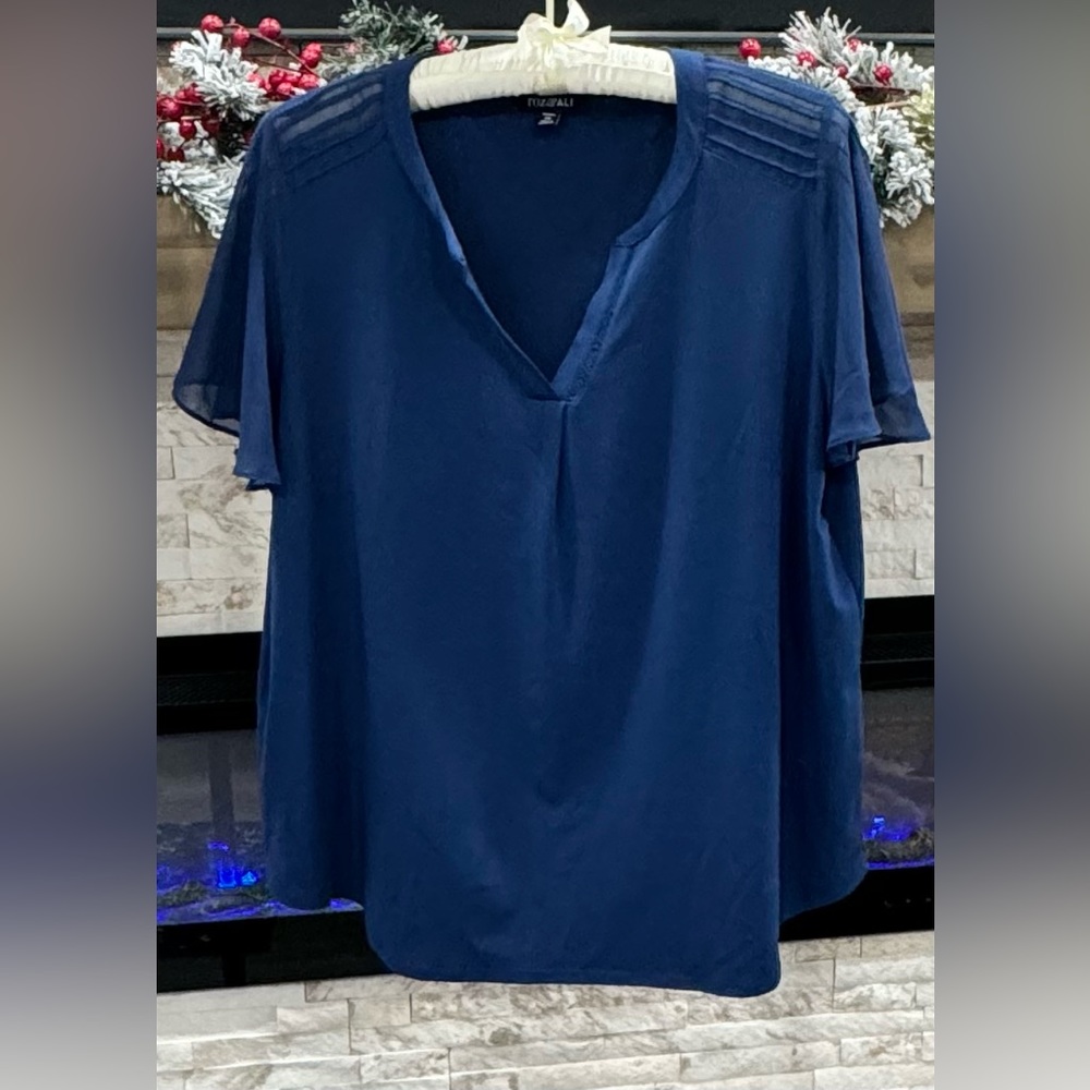 Women's Navy Blue V-Neck Blouse with Sheer Sleeves by Roz & Ali